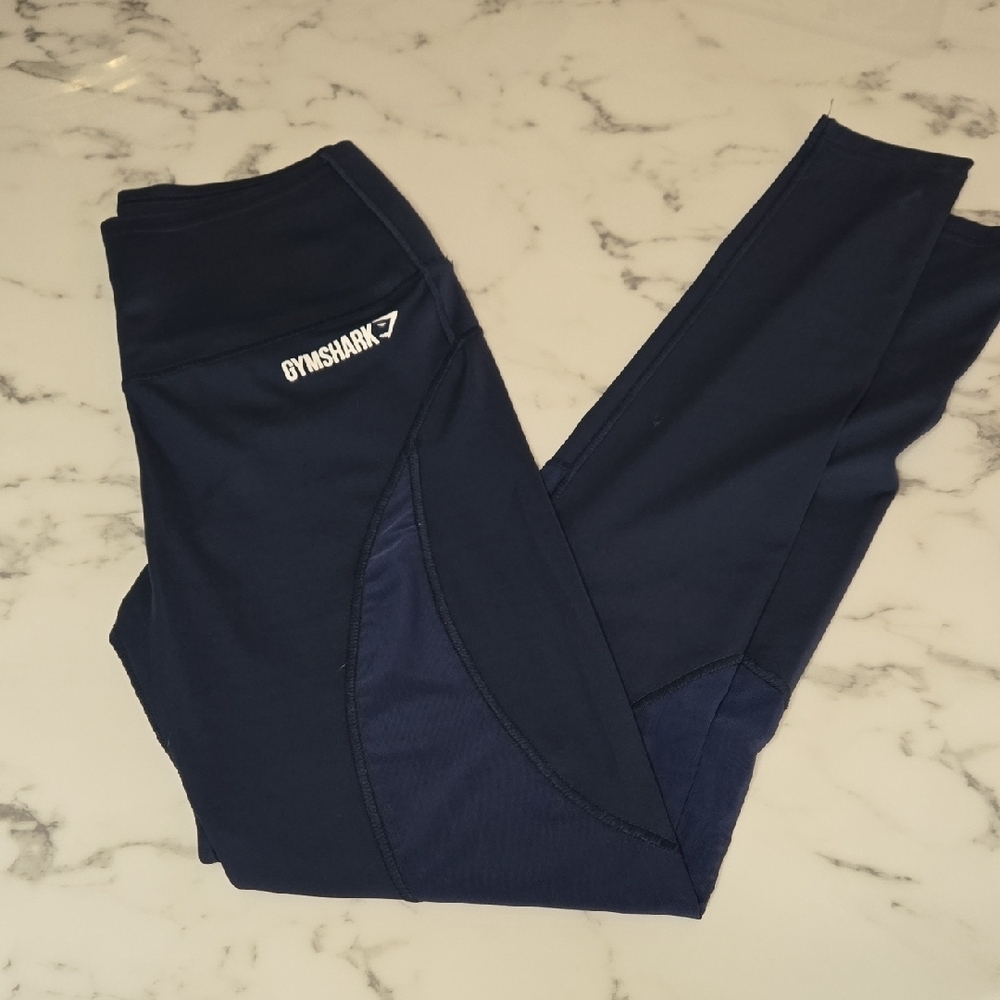 Gymshark Navy Blue Leggings – Stretchy Athletic Fit with Mesh Panels, Small